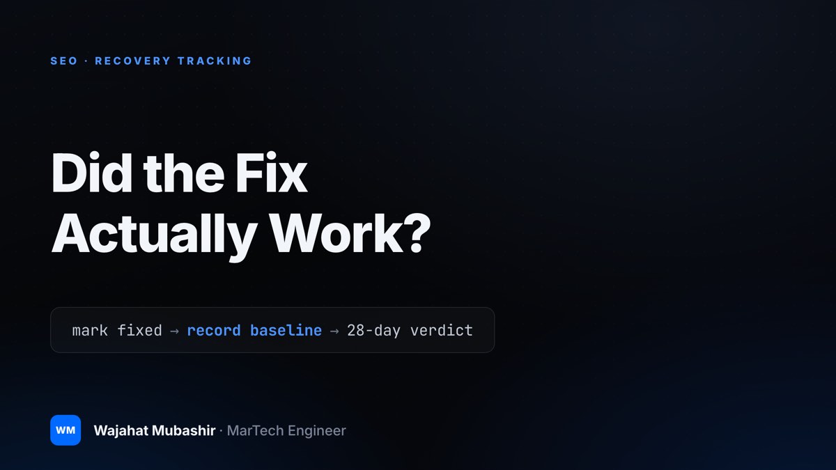 Dark title card reading 'Did the Fix Actually Work?' above a pipeline snippet: mark fixed, record baseline, 28-day verdict.
